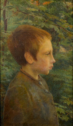 Ilya Galkin (Russian, 1860-1915) Young boy in the woods 34.5 x 21 cm. (13 1/2 x 8 1/4 in.)