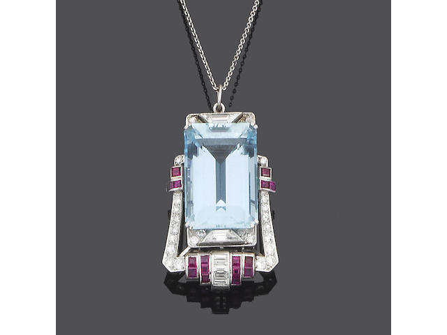 An art deco aquamarine, diamond and ruby brooch/pendant,