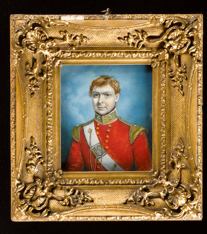 English School, A pair of portraits of two Officers of the 3rd Foot (the Buffs); one Officer of the Flank Company the other from the Light Company, both wearing scarlet coats with gold lace and very pale buff facings, regimental belt plates, the latter with silver strung bugle horn collar badges mounted on the gold lace of his collar and having a whistle hung from a bugle horn badge on his shoulder belt