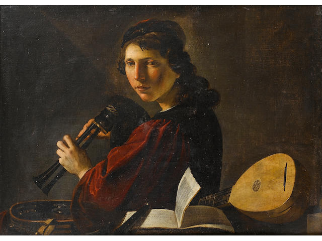 Pietro Paolini, called il Lucchese (Lucca 1603-1681) A young man holding bagpipes 73 x 97.5 cm. (28&#190; x 38 3/8 in.) in a carved Italian frame