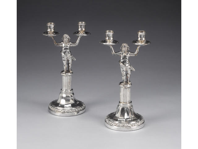 A pair of 19th century Italian silver twin-light candelabra, maker's mark G E, Naples,  (2)