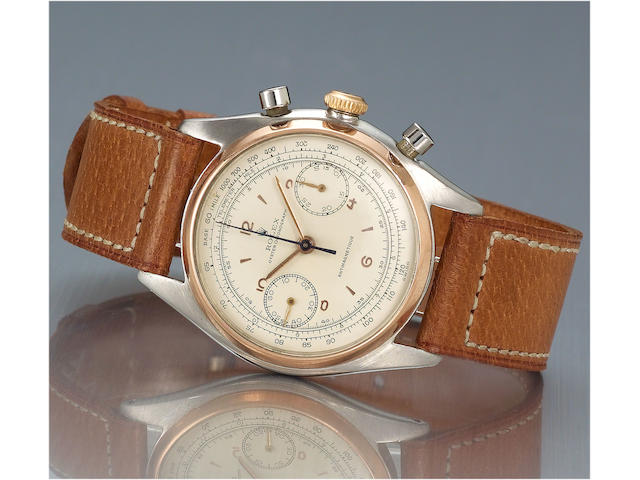 Rolex. A fine and rare stainless steel and pink gold chronograph wristwatch Monoblocco, Anti-Magnetic, Ref:4500, circa 1947