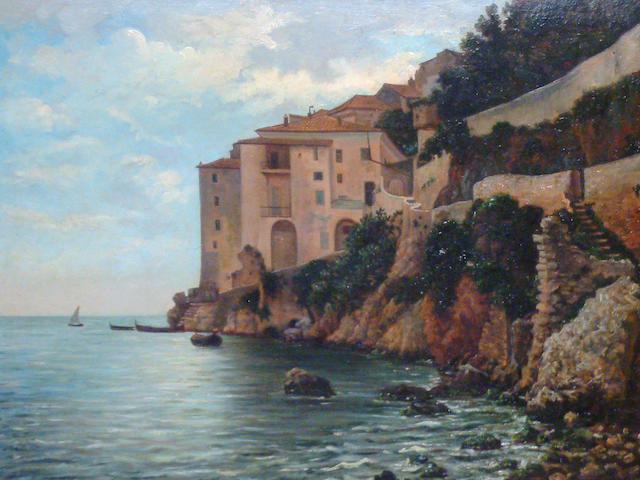 Felix Malard (French, born 1840) Houses on a rocky coastline