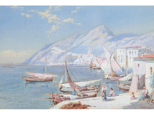 Charles Rowbotham (British, born circa 1856-1921) "At Bellano, Lake of Como", together with another similar, an Italian lakeside scene with fishing boats, a pair,
