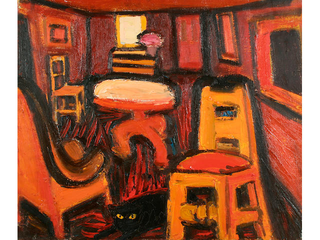 Theodore Major (British, 1908-1999) Interior with cat, together with a table top still life verso,