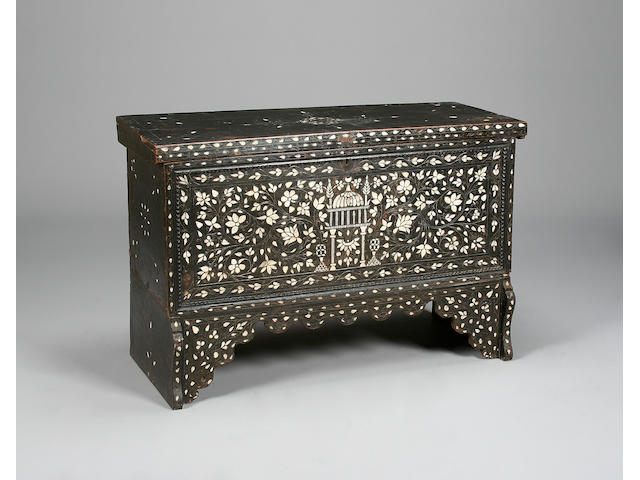 A late 19th century Ottoman ebonised and mother of pearl inlaid chest
