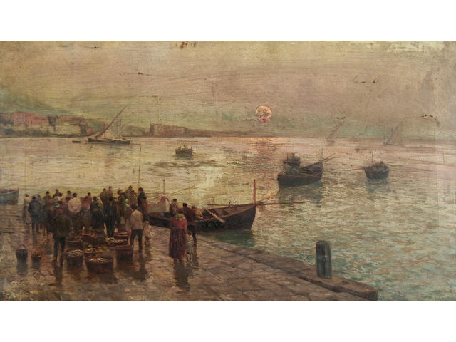 Attilio Pratella (Italian, 1856-1949) Fishing boats at a quayside, Bay of Naples,