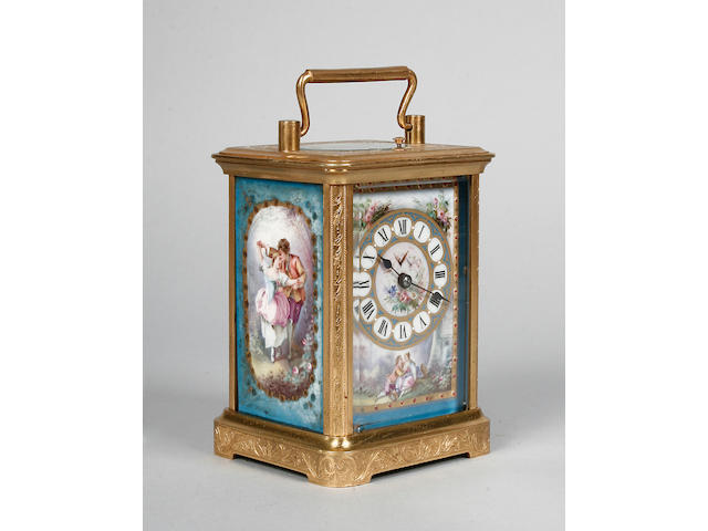 A French gilt brass hour repeat carriage clock,