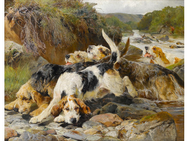 John Sargent Noble, RBA (British, 1848-1896) Otterhounds 102 x 128 cm. (40 x 50 1/4 in.)