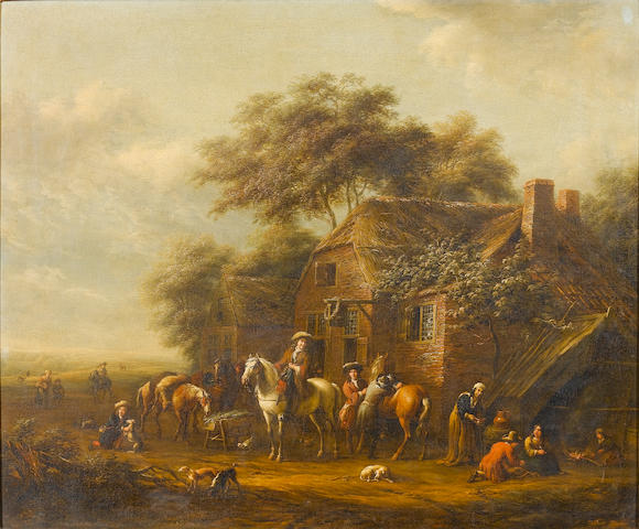 Barend Gael (Haarlem circa 1635-1698) Huntsmen and their dogs outside a country inn