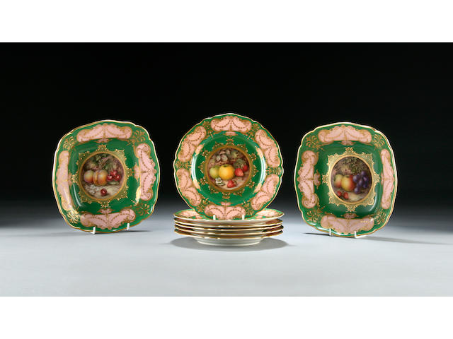 Six Royal Worcester dessert plates and two serving plates by Richard Sebright, dated 1912