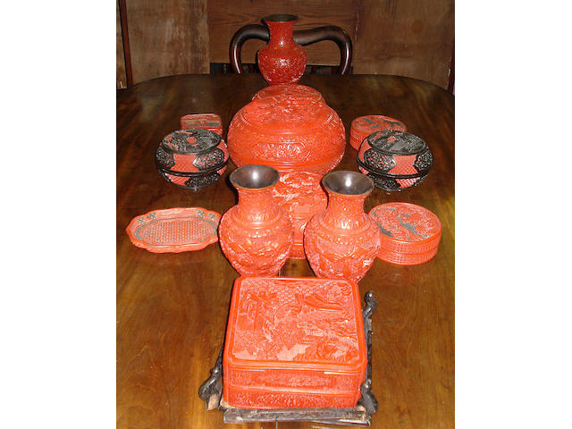 A collection of Oriental red lacquer