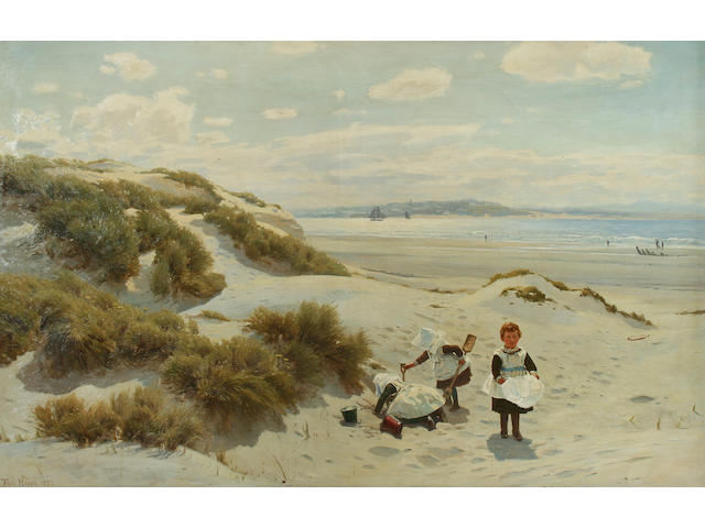 Thomas R. Huson (British, 1844-1920) Children on the beach by the dunes, Blundell Sands, Liverpool, looking over to the Wirral,