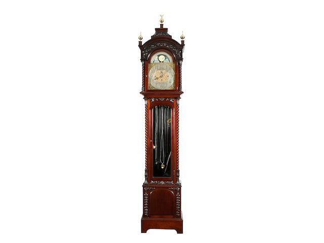 A good early 20th century carved mahogany-cased three-train chiming longcase clock Retailed by Mappin & Webb sold with three brass weights, pendulum,, nine tubular gongs, key and winder