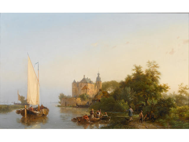 Hermanus Koekkoek, Snr (Dutch, 1815-1882) Fishing near a castle 36 x 57.5 cm. (14 1/4 x 22 1/2 in.)