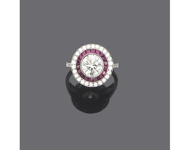 A diamond and ruby target cluster ring