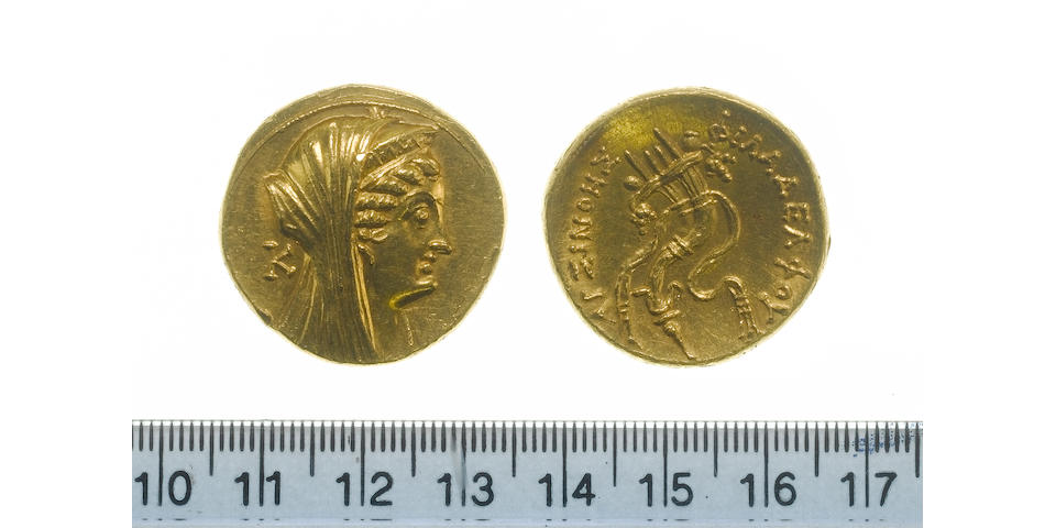 Ptolomaic, Kingdom of Egypt, Ptolomey II, Philadelphos (285-246 BC), gold Octodrachm, 27.8g, Veiled head of Arsinoe II right, wearing stephane,