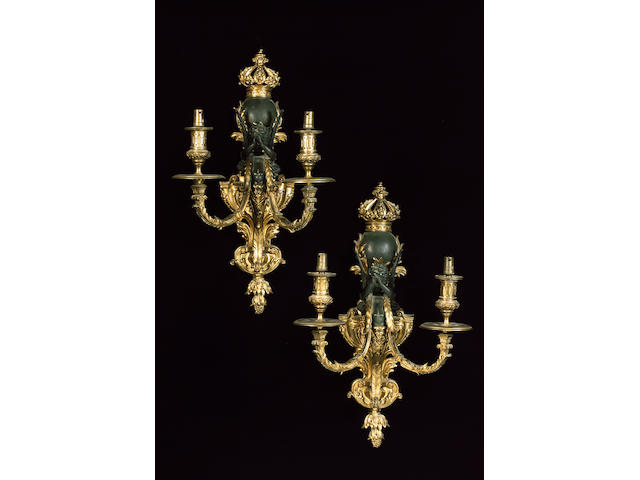 A French gilt and patinated bronze six light chandelierin the Louis XV style, circa 1900,