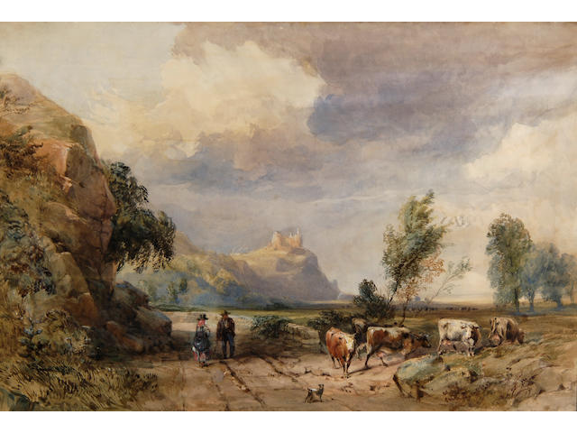 David Hall McKewan (British, 1816-1875) Landscape with figures and cows on a path,