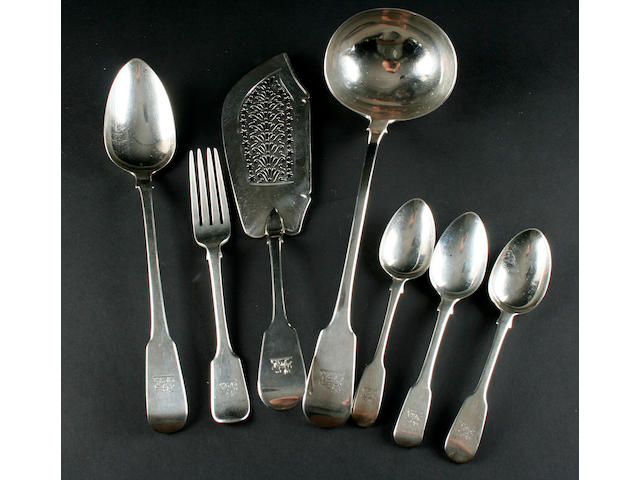 A composite Georgian and later part canteen of Fiddle pattern cutlery predominantly London, mixed makers and dates  (36)