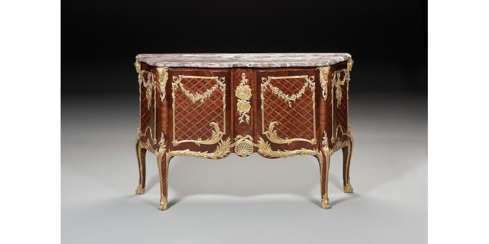 A Louis XV style ormolu-mounted kingwood, tulipwood and parquetry commode m&#233;daillierIn the manner of Antoine Gaudreaux, by Henry Nelson, Paris, Third-quarter 19th century