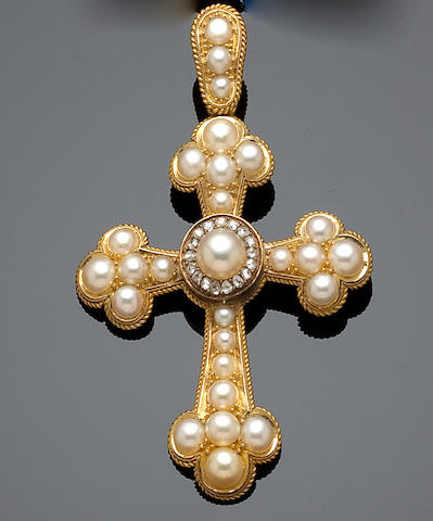 A Victorian gold, pearl and diamond cross pendant