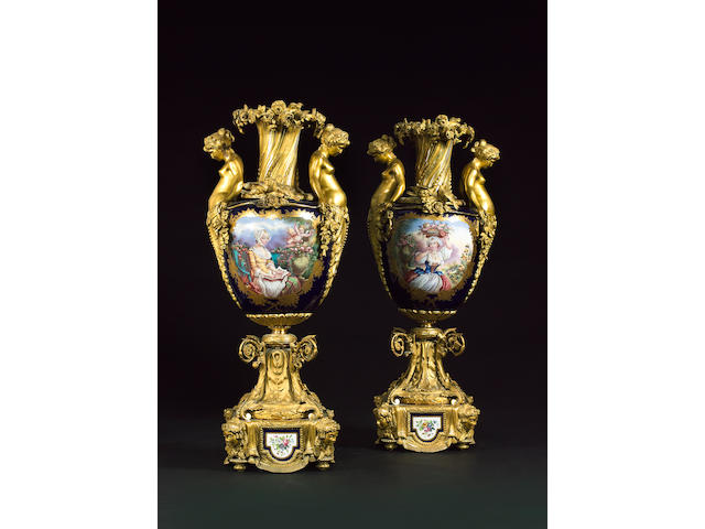 A fine pair of French ormolu-mounted blue-ground S&#232;vres style vasesThird quarter 19th century
