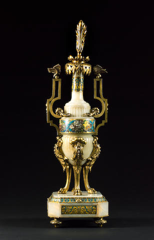 A French ormolu and champlev&#233; enamel-mounted onyx urnBy Ferdinand Barbedienne, Paris, third quarter 19th century