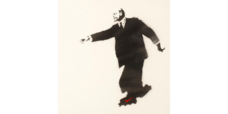 Banksy (British, born 1975) 'Lenin on Rollerskates (Who Put the Revolution on Ice?)', 2003 red stencilled signature to side of canvas, inscribed '10/25/2003/ Thanks Mate/ Banksy' to rear, spray paint stencil on canvas, in perspex frame