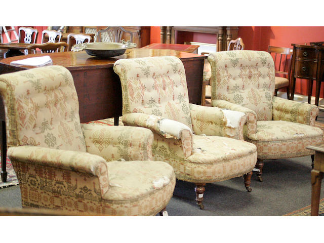 A set of three Shooolbred upholstered armchairs