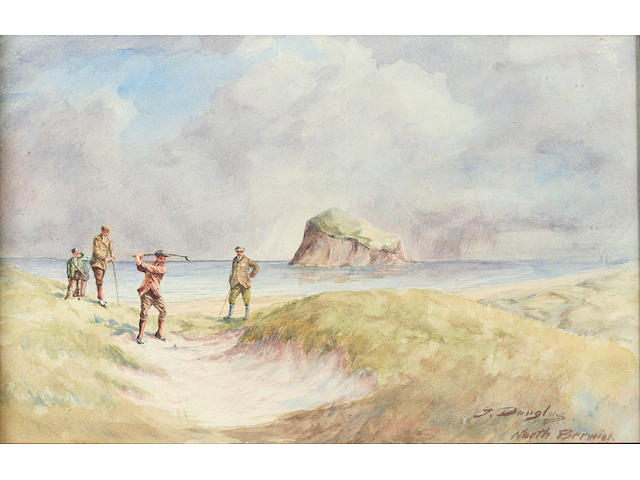 Douglas, J. (1858-1911): North Berwick A watercolour study featuring golfers playing the 12th hole of the West Links circa 1907, signed by the artist lower right, framed and glazed. 8 &#190; x 13 &#190; inches