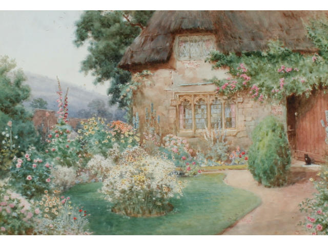 Elliot H. Marten (Scottish) 'Near Stratford on Avon' - a thatched cottage, cat and garden,