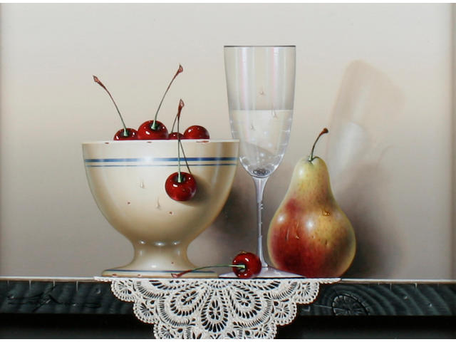 Amarzo Table top still life with cherries, pear and glass,