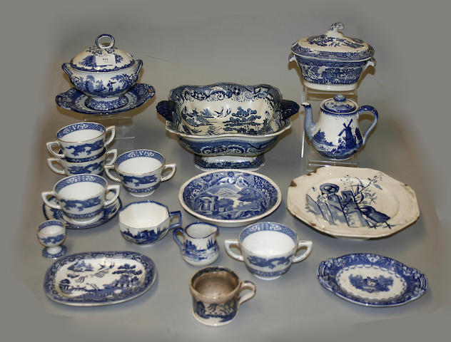An assortment of blue and white ceramics