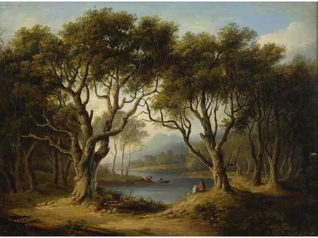 Circle of Walter Williams (British, 1835-1906) Wooded river landscape with figures in rowing boat, 28.5 x 38.5cm.