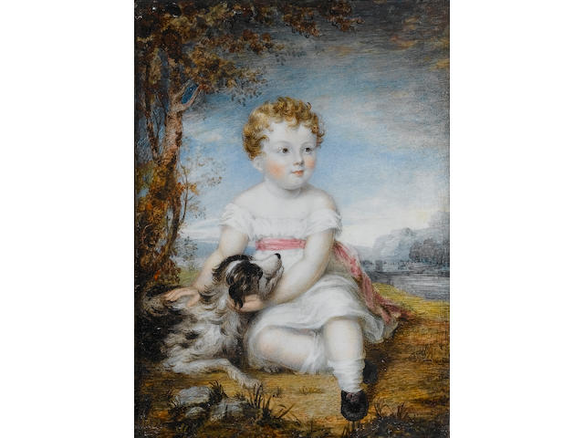 English School, early 19th Century Two portraits of brothers Ralph Deane (1812-26) and Francis Henry Deane (1814-1892); Ralph seated in a landscape with a collie dog, wearing white dress with pink ribbon waistsash, rolled down white stockings and black shoes; Francis seated in a landscape holding a pink flower and straw boater with blue ribbon decoration, wearing white dress with blue ribbon waistsash, white stockings and blue shoes