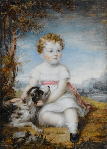 English School, early 19th Century Two portraits of brothers Ralph Deane (1812-26) and Francis Henry Deane (1814-1892); Ralph seated in a landscape with a collie dog, wearing white dress with pink ribbon waistsash, rolled down white stockings and black shoes; Francis seated in a landscape holding a pink flower and straw boater with blue ribbon decoration, wearing white dress with blue ribbon waistsash, white stockings and blue shoes