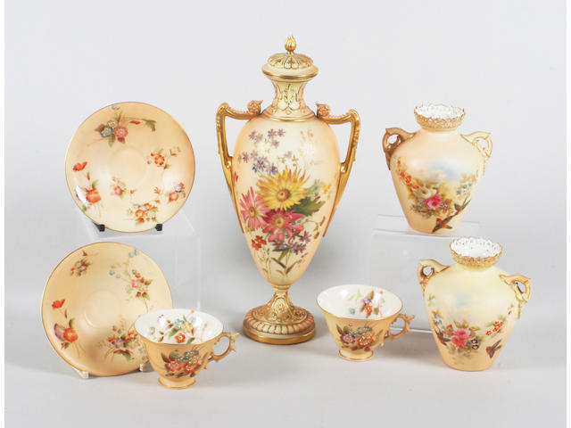 A Royal Worcester blush ivory vase and cover, a pair of Graingers vases and two cups and saucers, early 20th century,