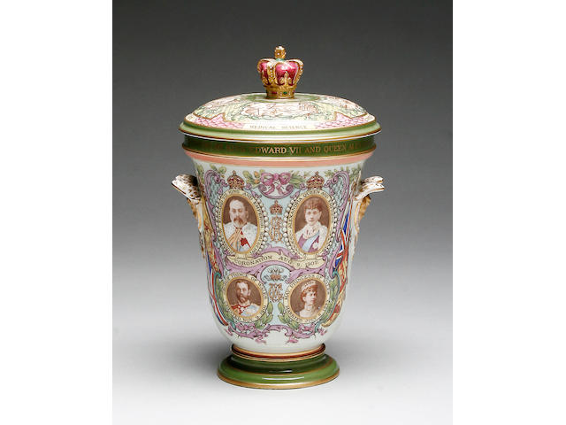 A Copeland King Edward VII and Queen Alexandra vase with cover 1902,