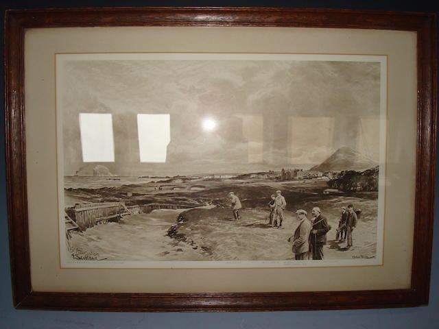 After Michael Brown: The Open Championship St Andrews 1895 Featuring J.H. Taylor, the winner addressing the ball together with an original key, both framed and glazed.