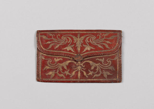 An Ottoman metal thread embroidered leather Wallet Turkey, dated AD 1777