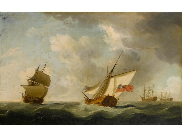 Follower of Peter Monamy (British, 1681-1749) An Admiralty Yacht running past an inbound man-o'war with two laid-up vessels anchored beyond 50.8 x 81.3cm. (20 x 32in.)