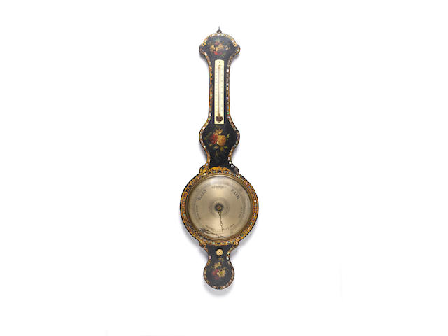 A 19th Century mother o' pearl and japanned wheel barometer,