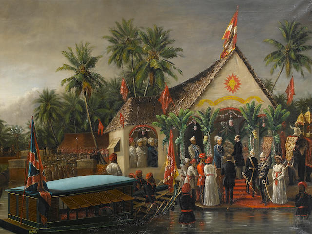 Raja Ravi Varma (India, 1848-1906) The Maharaja of Travancore and his younger brother welcoming Richard Temple-Grenville, 3rd Duke of Buckingham and Chandos, Governor-General of Madras (1875-80), on his official visit to Trivandrum in 1880