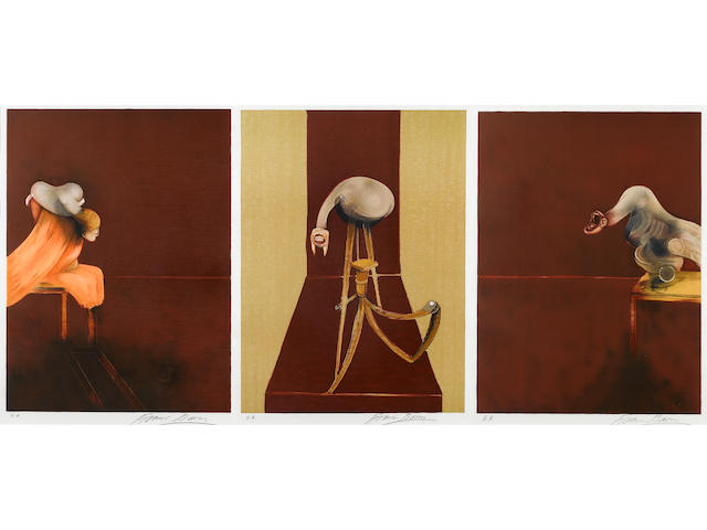 Francis Bacon (British, 1909-1992) 2nd Version of 1944 Triptych Lithographs, forming a triptych, 1989, after the painting, printed in colours, on watermarked Arches, each signed and inscribed 'E.A' in pencil, aside from the numbered edition of 60; apparently in good condition, unexamined out of the frame, 620 x 460mm (24 1/3 x 18 1/6in)(I) 3