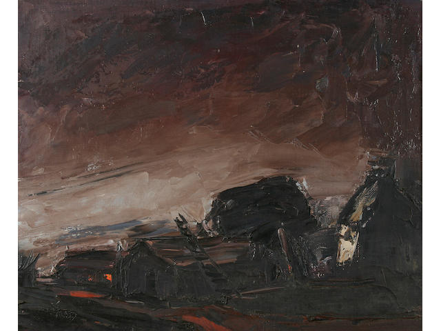 Theodore Major (British, 1908-1999) Stormy landscape with sheds,