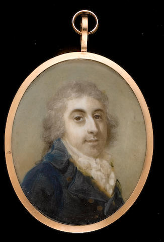 Abraham Daniel (British, died 1806) A Gentleman, wearing blue coat, yellow waistcoat, frilled chemise and cravat, his hair powdered