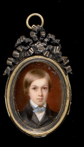 Continental School, late 19th Century A young Boy, wearing coat with velvet collar with chemise and tied blue cravat