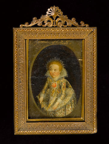 Flemish School, 18th Century A Child, wearing white dress with fine embroidered floral decoration in gold, pink and green, her collar starched and dressed with lace, standing lace hair decoration, she holds a glove in her left hand