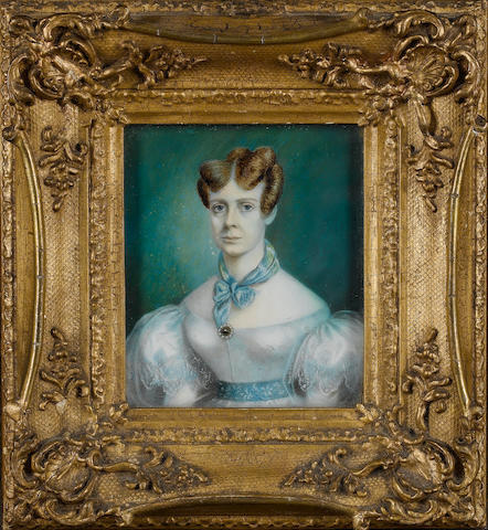 English School, circa 1810 A Lady, wearing white dress with layered voluminous sleeves, pale blue waistsash with floral embroidered decoration, blue and green scarf, gem encrusted pearl brooch at her corsage